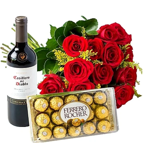 BUQUÊ DE ROSAS COLOMBIANAS 1 DUZIA. CHOCOLATE E VINHO.