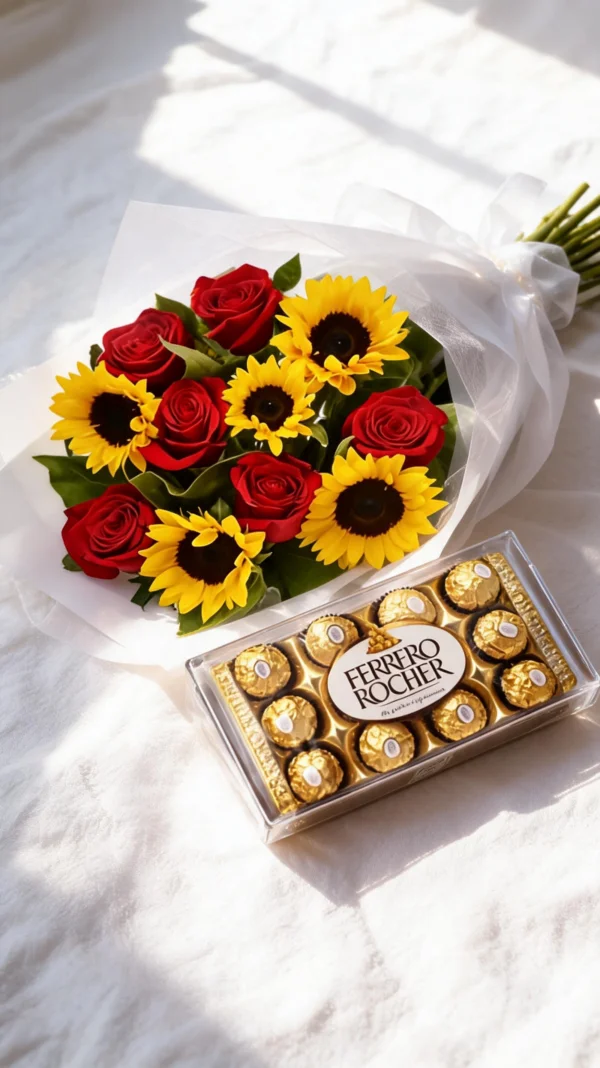 Buquê de Girassóis com Rosas 8x8 e 12 Ferrero Rocher