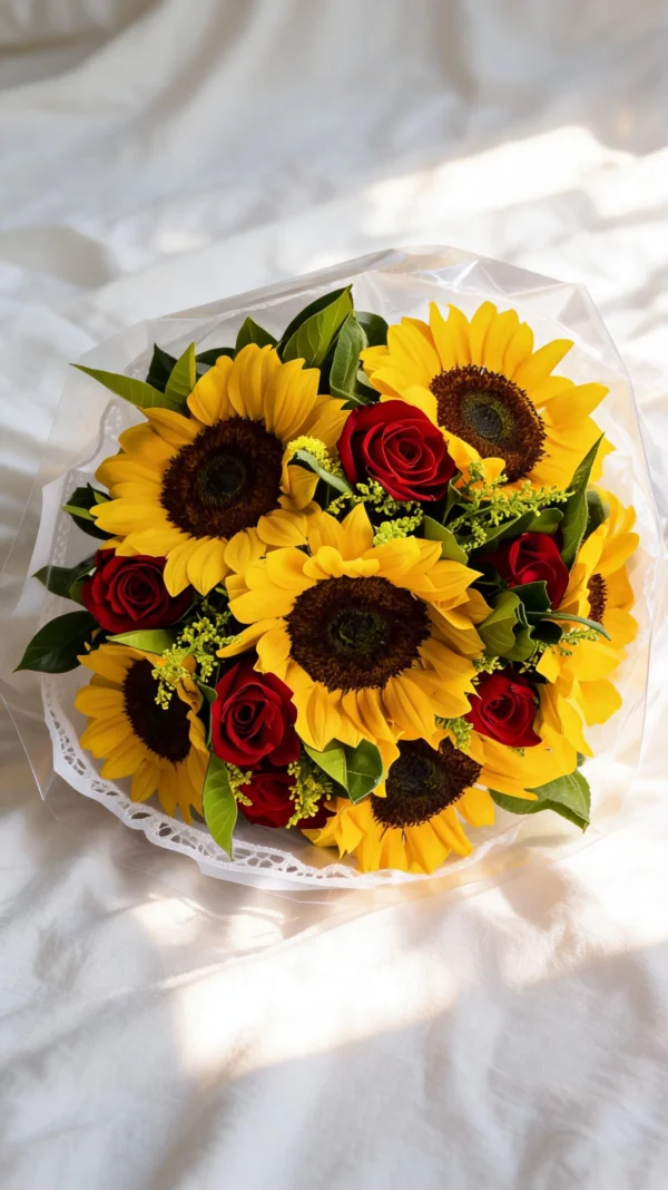 Buquê de Girassóis com Rosas Colombianas 8x8