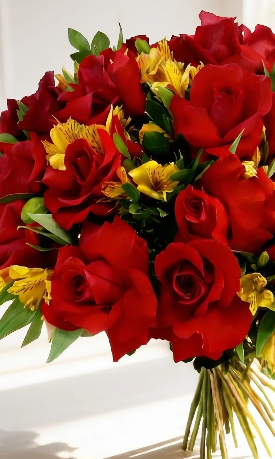 BUQUÊ DE ROSAS COLOMBIANAS 18 UNI. ABERTAS COM ASTROMELIAS AMARELAS - Imagem 3