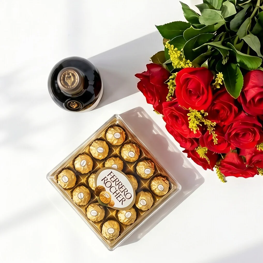 BUQUÊ DE ROSAS COLOMBIANAS 1 DUZIA. CHOCOLATE E VINHO. - Imagem 4