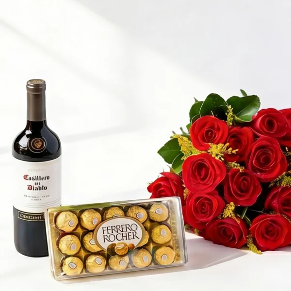 BUQUÊ DE ROSAS COLOMBIANAS 1 DUZIA. CHOCOLATE E VINHO.