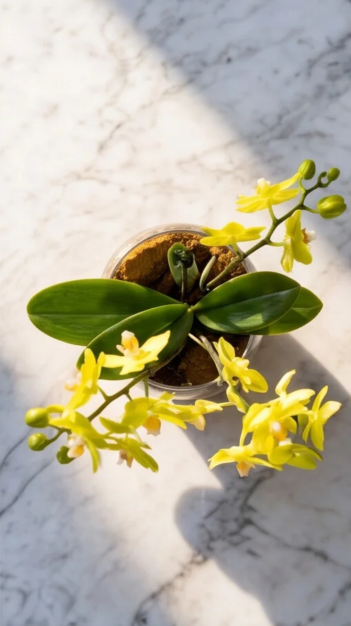 MINI ORQUÍDEA AMARELA NO AQUÁRIO DE VIDRO - Imagem 5