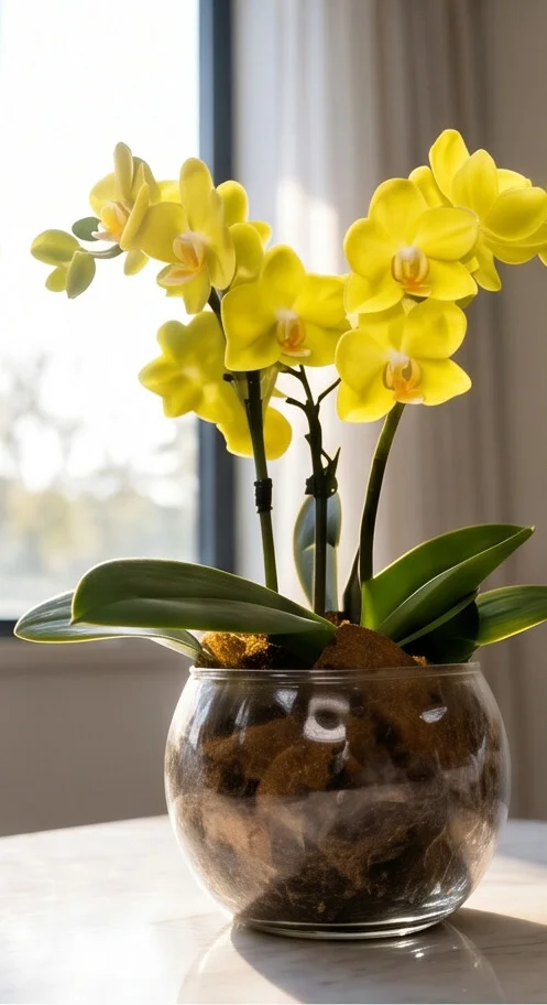 MINI ORQUÍDEA AMARELA NO AQUÁRIO DE VIDRO - Imagem 3