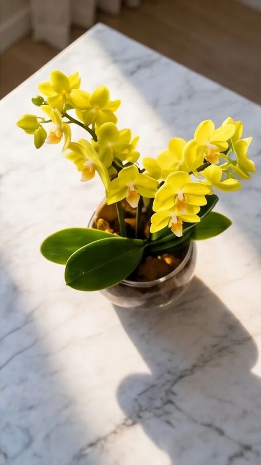 MINI ORQUÍDEA AMARELA NO AQUÁRIO DE VIDRO - Imagem 2