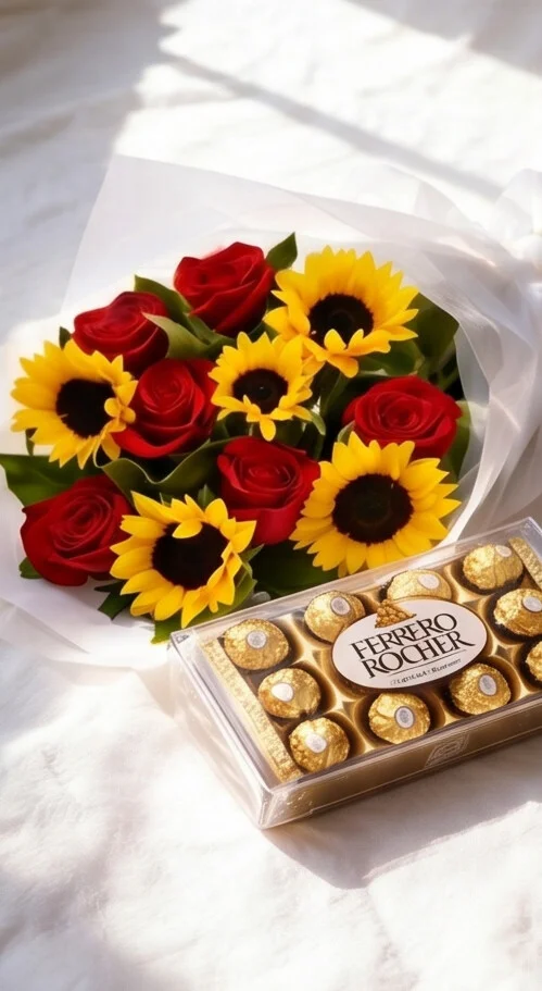 Buquê de Girassóis com Rosas 8x8 e 12 Ferrero Rocher - Imagem 4