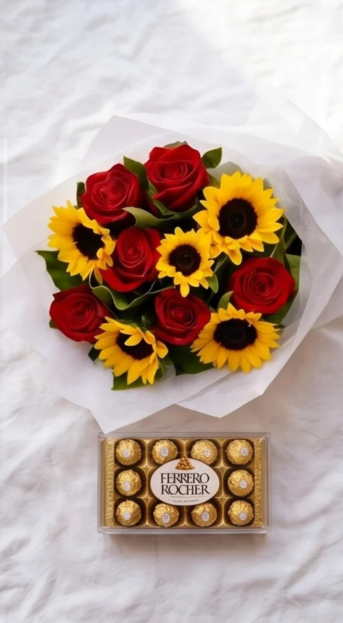 Buquê de Girassóis com Rosas 8x8 e 12 Ferrero Rocher - Imagem 3