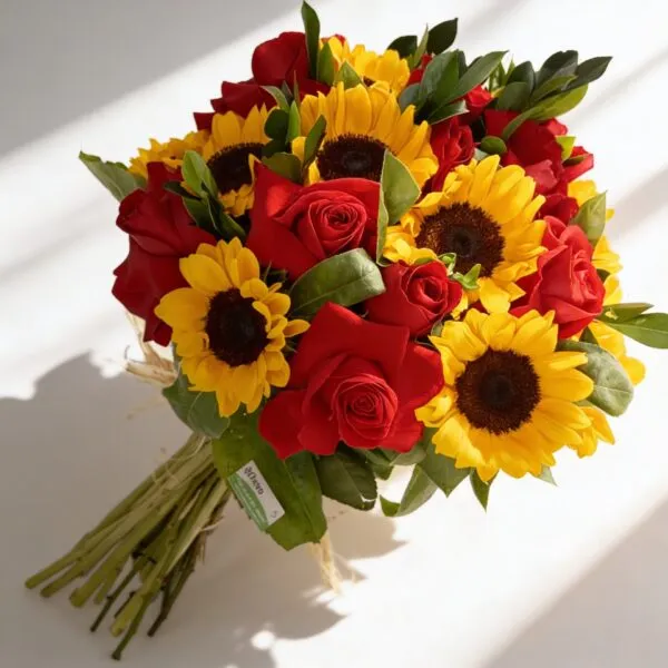 BUQUÊ DE GIRASSÓIS COM ROSAS VERMELHAS