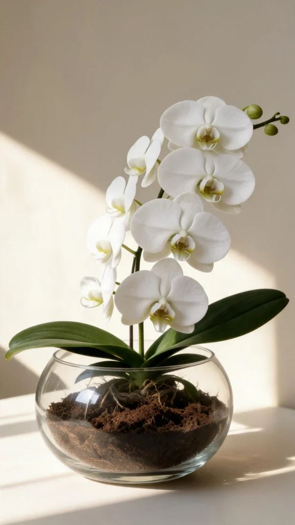 Orquídea Phalaenopsis Pendente no Aquário de Vidro