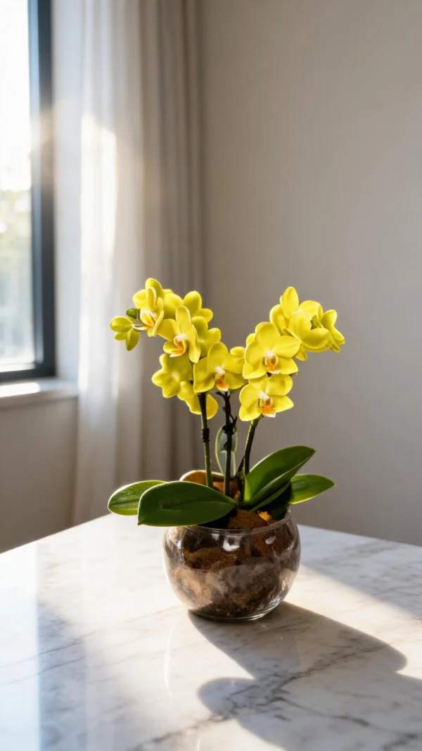 MINI ORQUÍDEA AMARELA NO AQUÁRIO DE VIDRO
