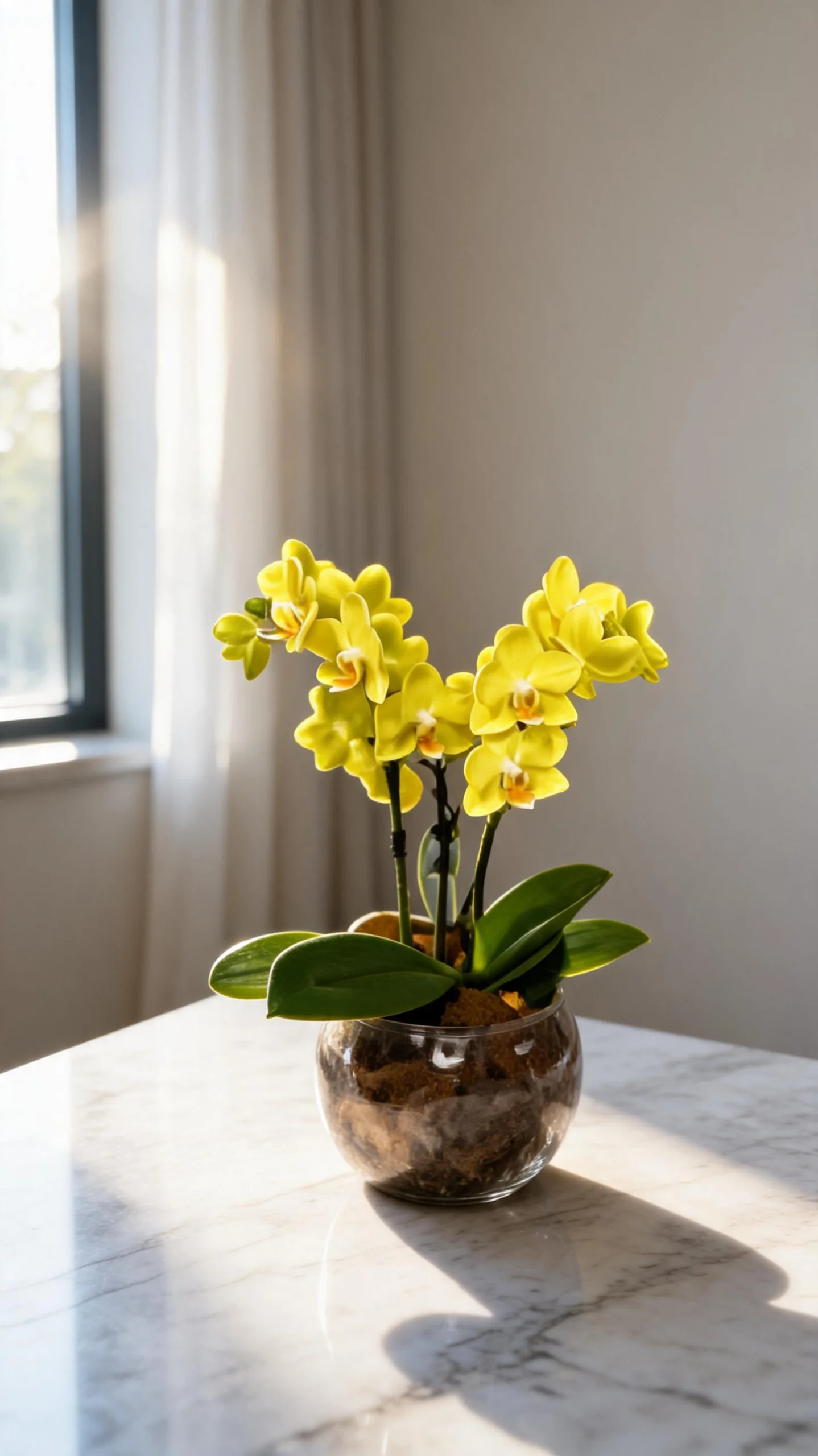 MINI ORQUÍDEA AMARELA NO AQUÁRIO DE VIDRO