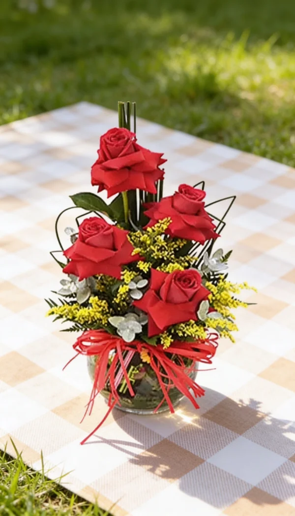 Arranjo De Rosas Com 4 Colombianas - Com Vaso De Vidro