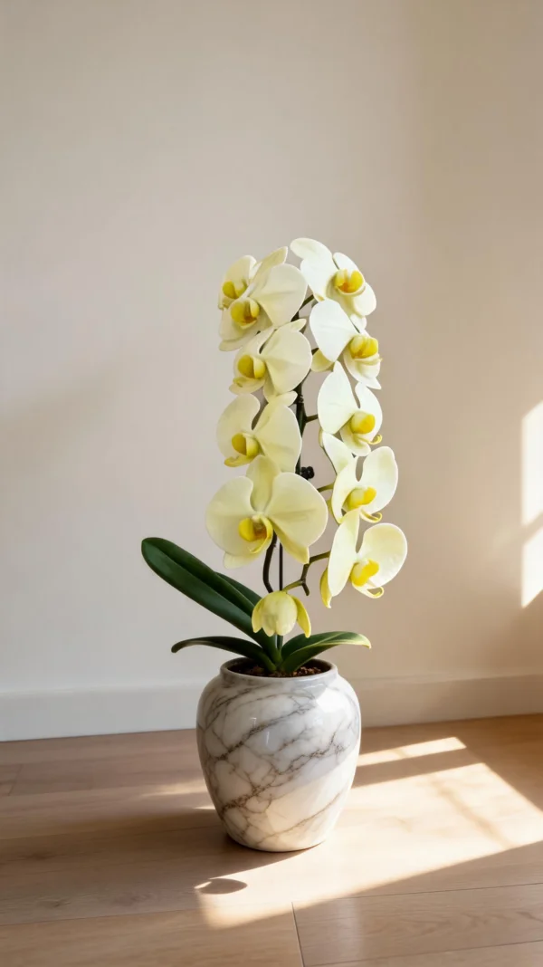 Orquídea Phalaenopsis Amarela no Aquário de Vidro